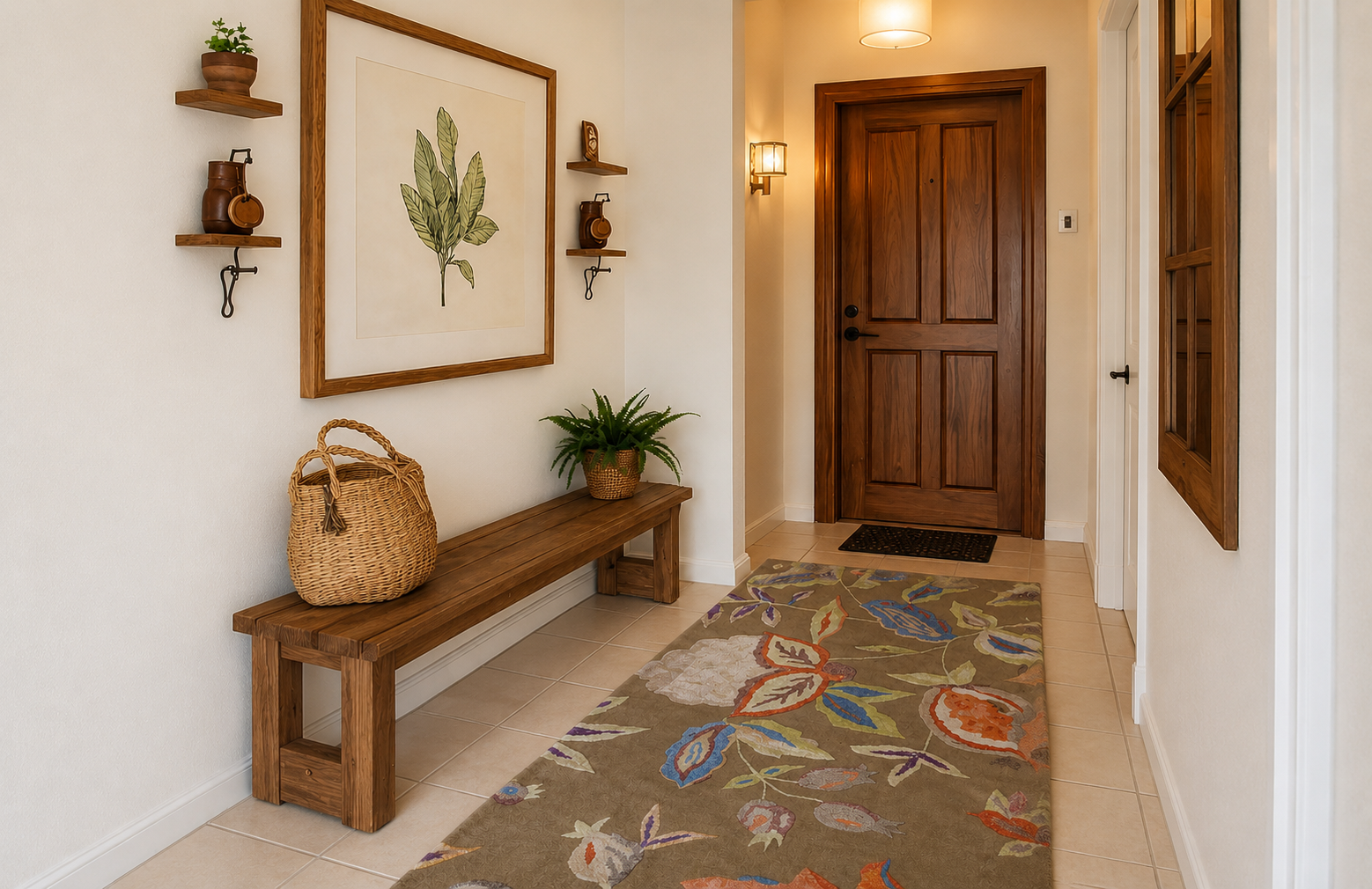 Floral hallway runner rug in a warm wooden entryway with rustic bench and decor