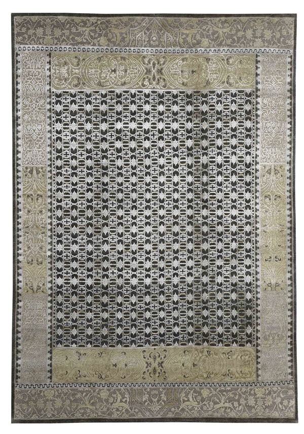 Intricate patterned rug with a central design of black and white geometric shapes, surrounded by ornate light brown floral borders. Elegant and traditional feel.