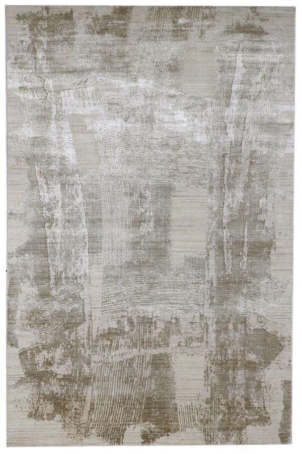 Abstract beige and gray textured rug with distressed, layered brushlike patches and subtle horizontal lines, creating a weathered, muted, minimalist feel.