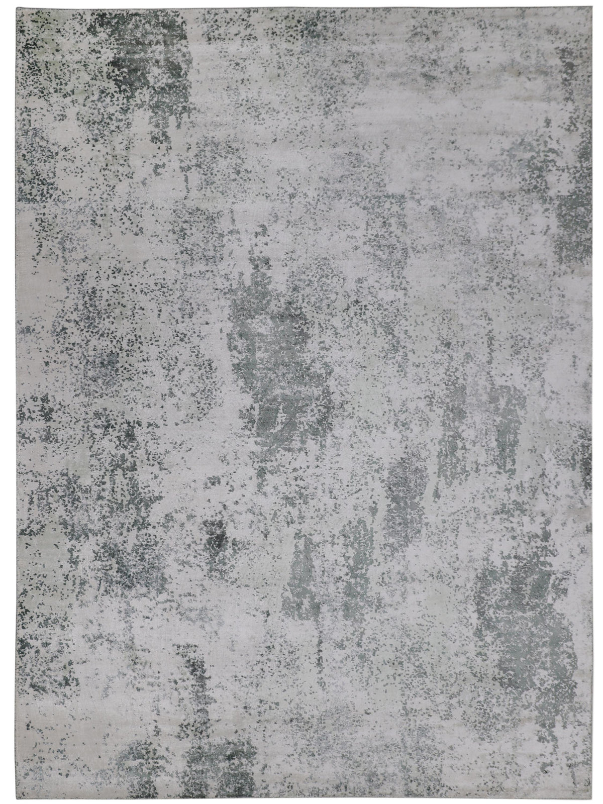 Abstract gray and white area rug with a distressed, mottled texture. The pattern resembles a weathered surface, conveying an artistic, modern tone.