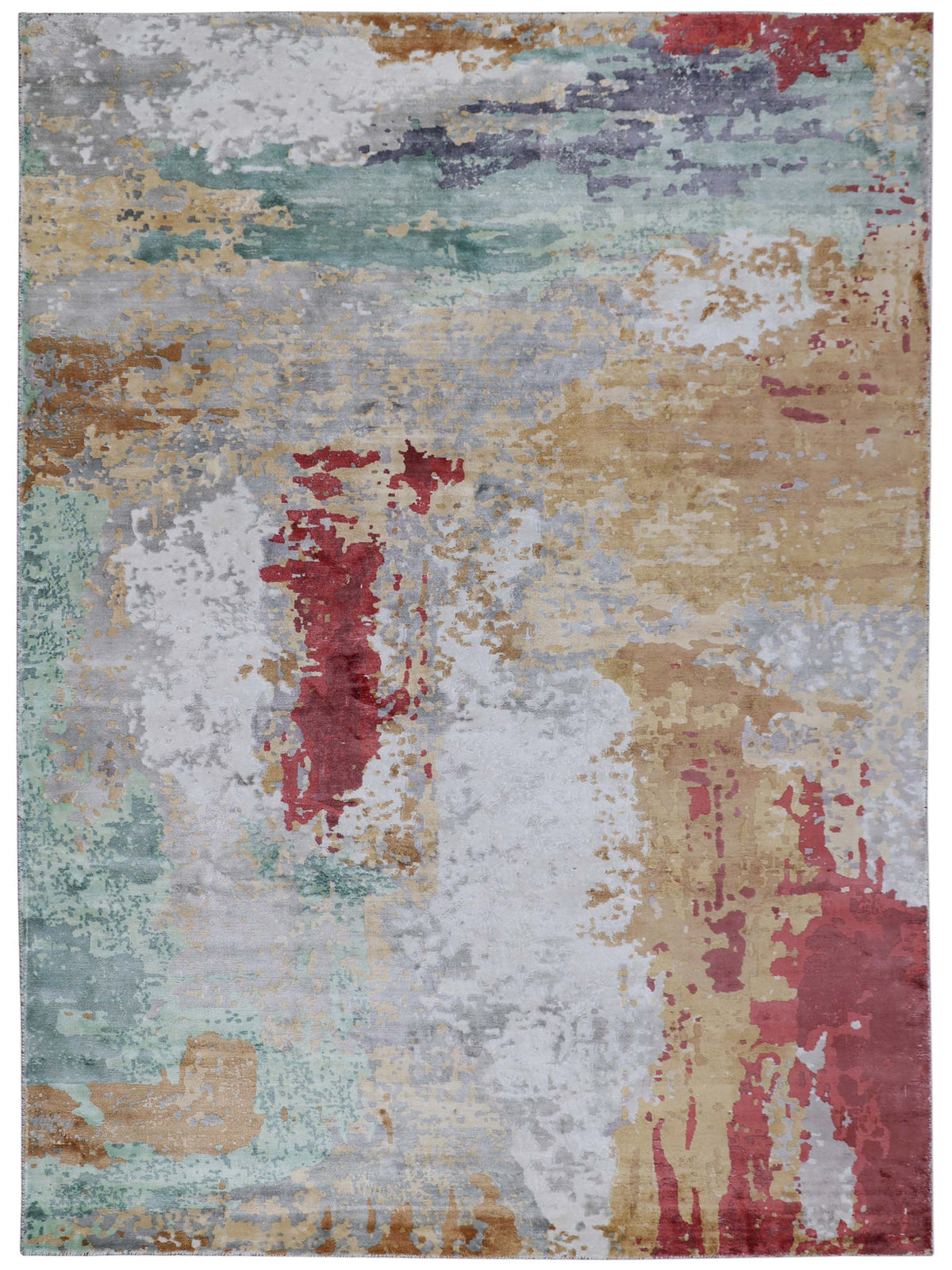 Abstract rug with earthy tones of beige, red, teal, and gray. The design resembles an impressionistic landscape with a textured, weathered look.