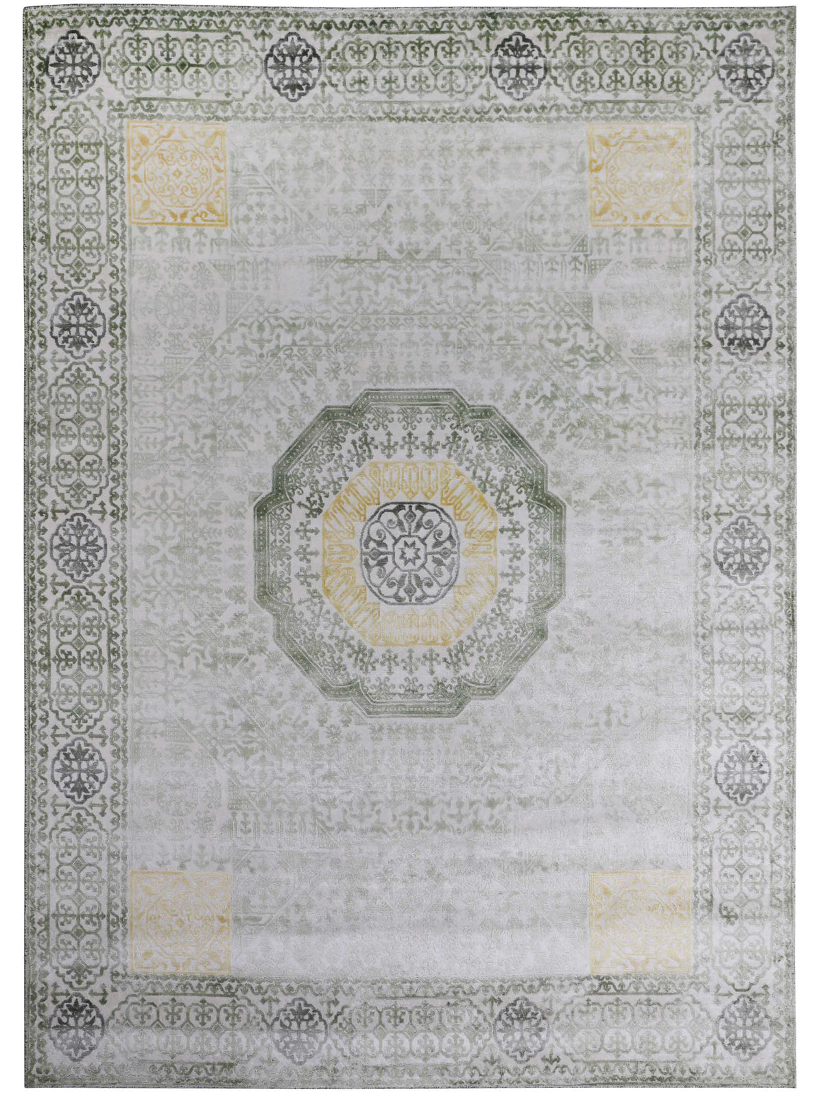 A vintage-style rug featuring a central green and yellow medallion with intricate floral patterns. The border is adorned with symmetrical motifs.