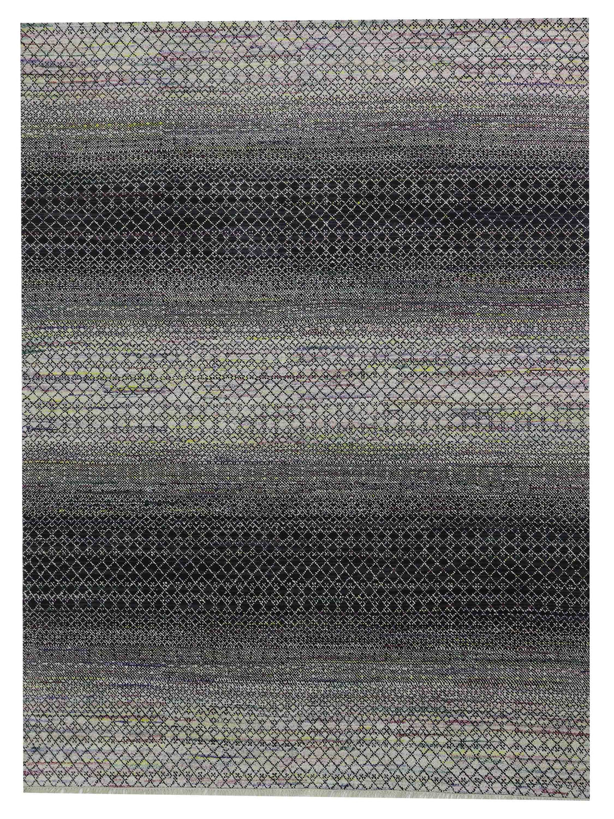 Abstract pattern featuring interlocking diamond shapes with a gradient of black to gray, creating a woven texture. The design feels complex and intricate.
