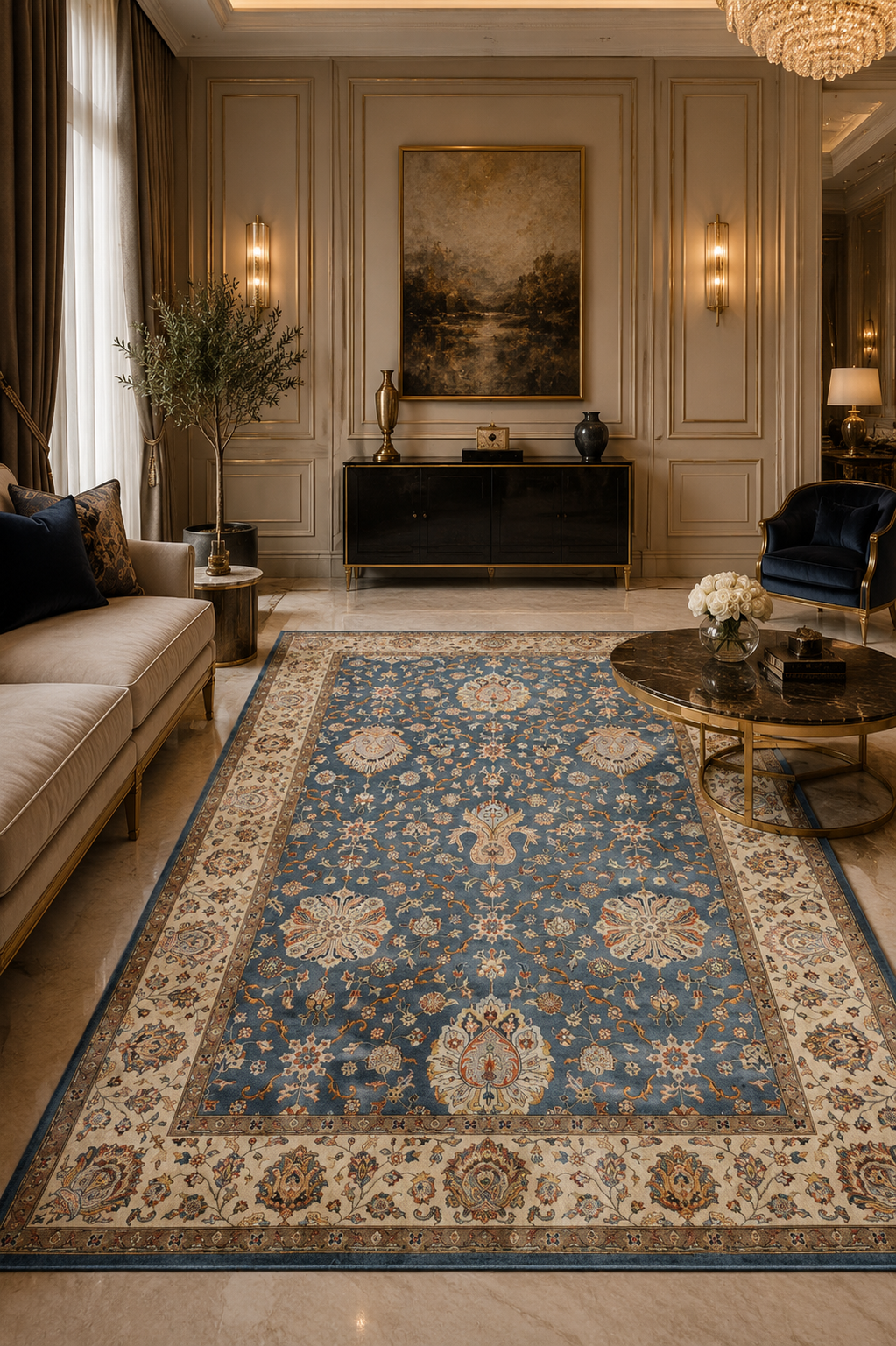 MUGHAL BLOOM | 6' x 9' FT | 8' x 10' FT | 9' x 12' FT | TRADITIONAL RUGS | M.BLUE/IVORY COLOR