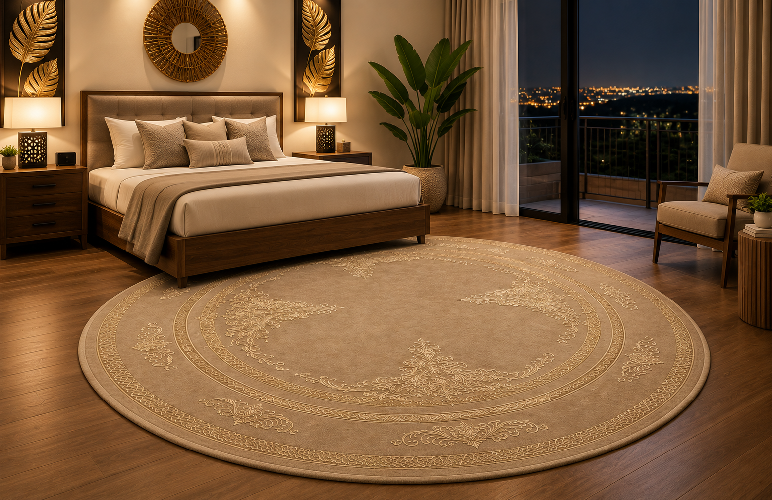 Luxury round cream carpet with elegant traditional floral pattern placed in a modern bedroom with brown wooden flooring and warm ambient lighting