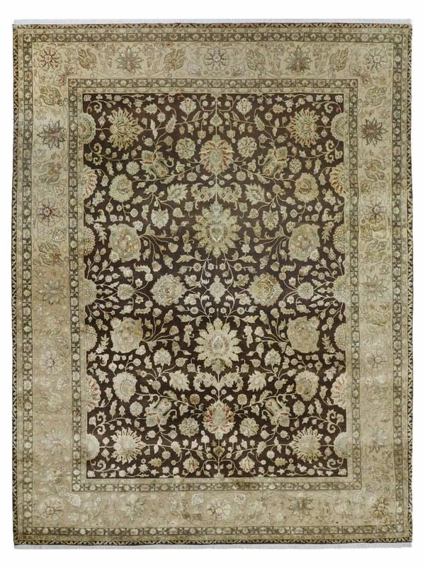 Handmade Persian carpet with intricate floral patterns in beige and dark brown
