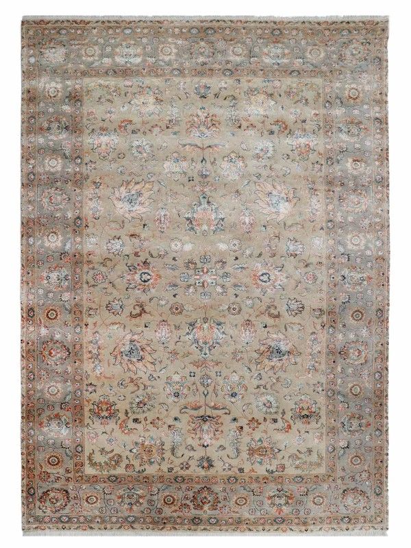 Handmade beige oriental rug with intricate floral patterns and a decorative border.